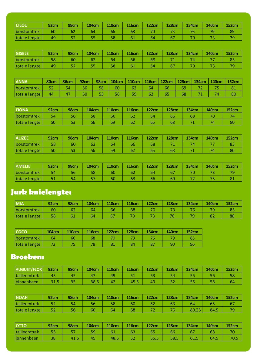 Size Guide Fall Winter 2019